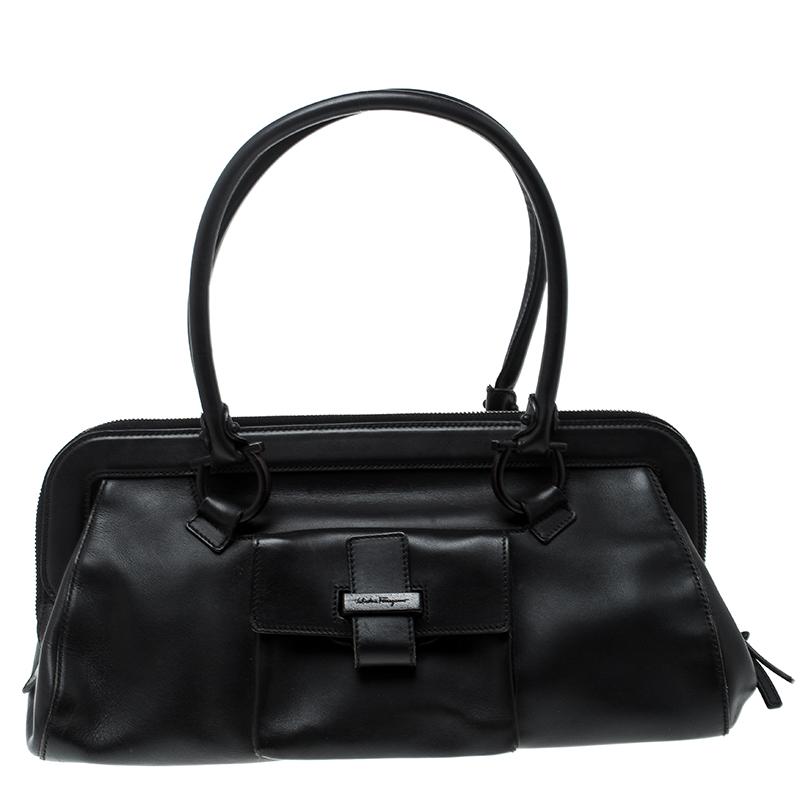 Salvatore Ferragamo Black Leather Frame Satchel