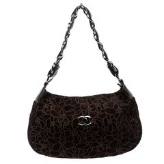Chanel Brown Suede Camellia Embossed Hobo