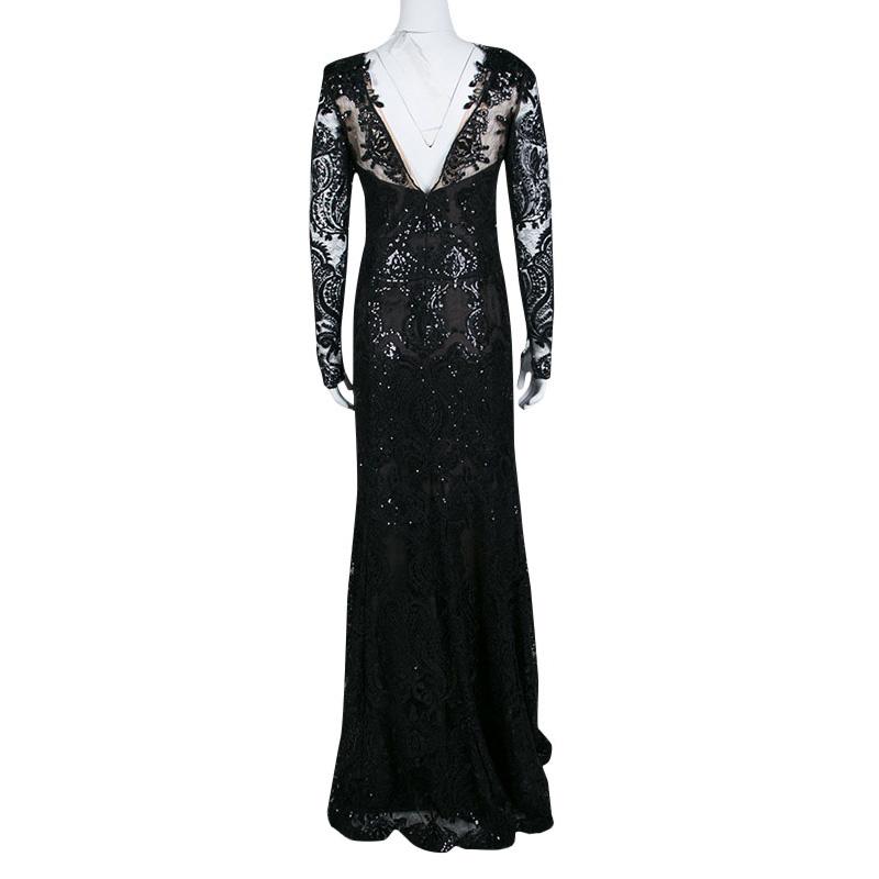 Notte By Marchesa Black Floral Applique Detail Embellished Embroidered Tulle Gow In Good Condition In Dubai, Al Qouz 2