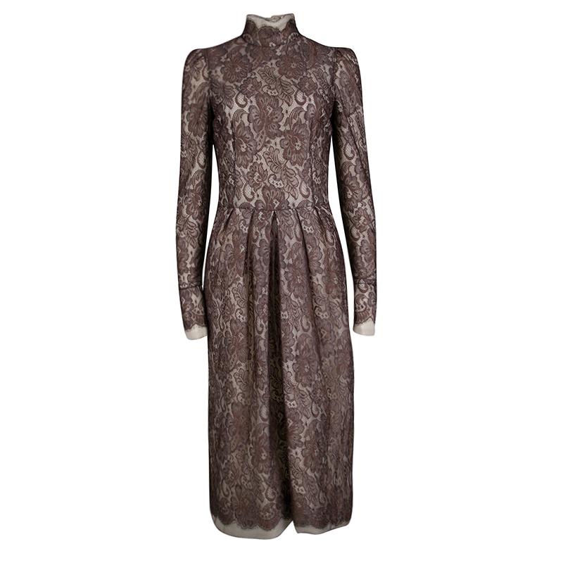 Dolce And Gabbana Brown Scalloped Lace Padded High Neck Long Sleeve Dress M