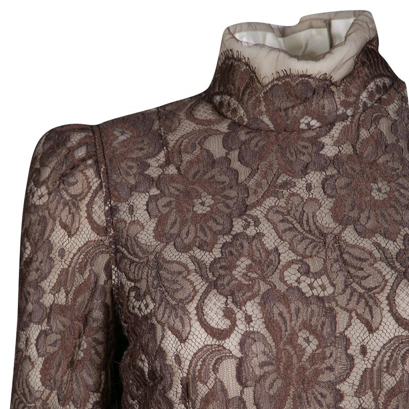 Dolce And Gabbana Brown Scalloped Lace Padded High Neck Long Sleeve Dress M In Good Condition In Dubai, Al Qouz 2