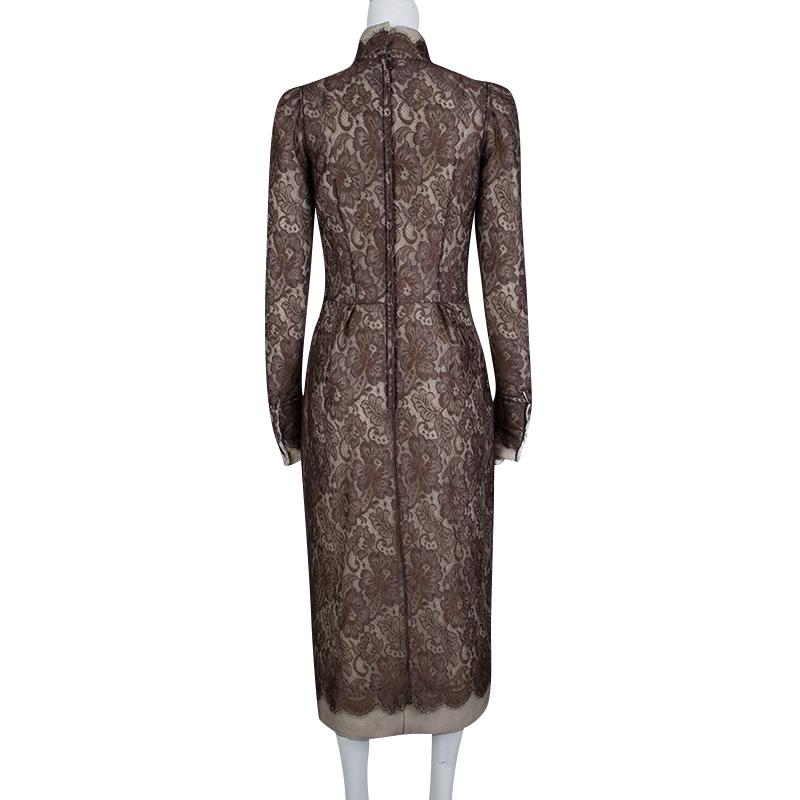 Black Dolce And Gabbana Brown Scalloped Lace Padded High Neck Long Sleeve Dress M