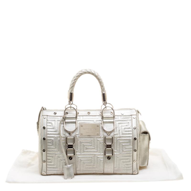 Versace Silver Quilted Patent Leather Snap Out Of It Satchel 1
