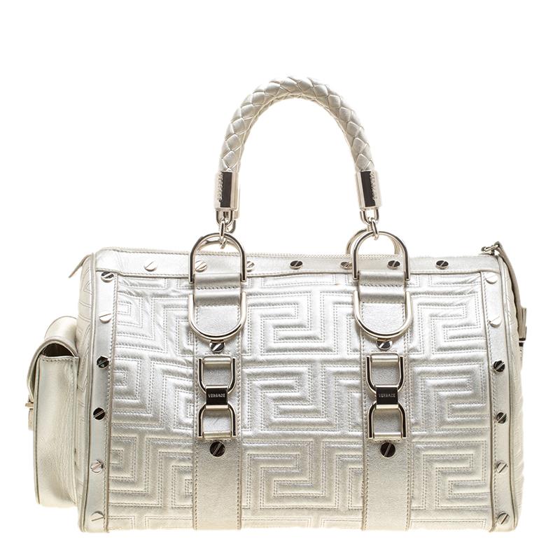 Versace Silver Quilted Patent Leather Snap Out Of It Satchel 2