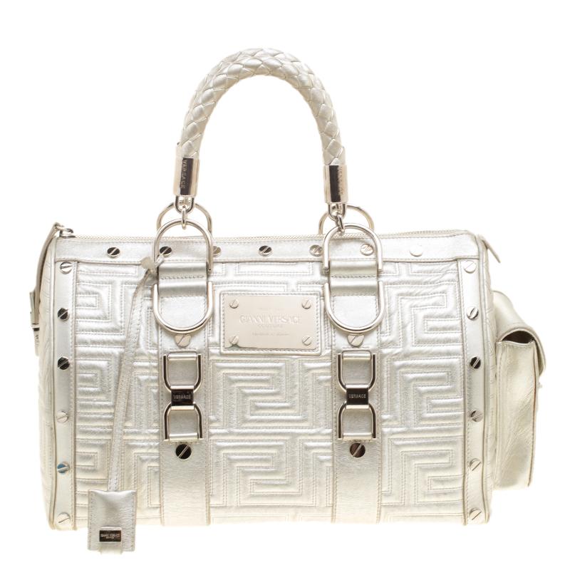 Versace Silver Quilted Patent Leather Snap Out Of It Satchel