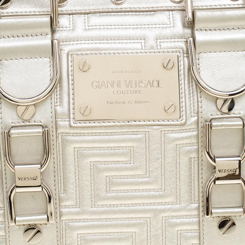Beige Versace Silver Quilted Patent Leather Snap Out Of It Satchel