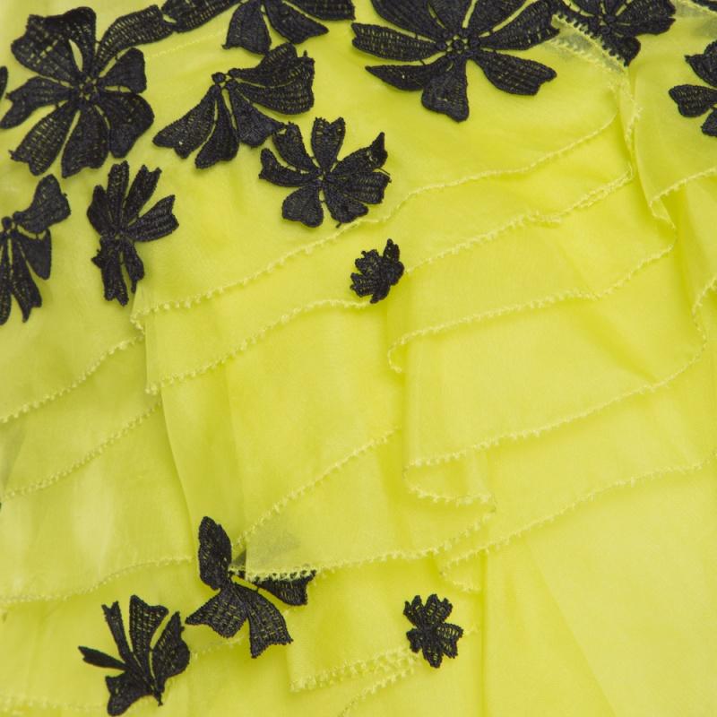 Women's Oscar de la Renta Chartreuse Ruffled Floral Applique Detail Silk Organza Top M
