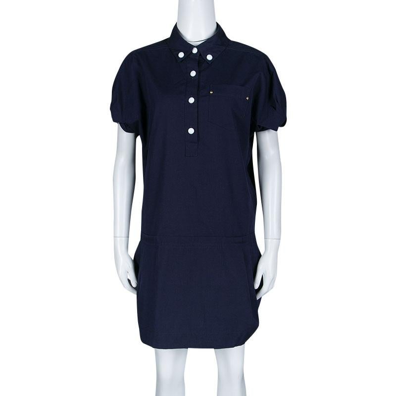Black Louis Vuitton Navy Blue Cotton Drop Waist Pleat Detail Short Sleeve Dress M