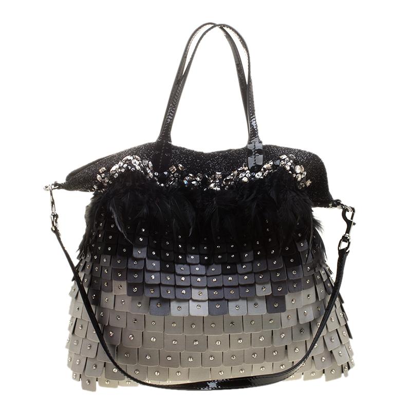Valentino Tri Color Fabric Crystal Embellished and Feather Tote