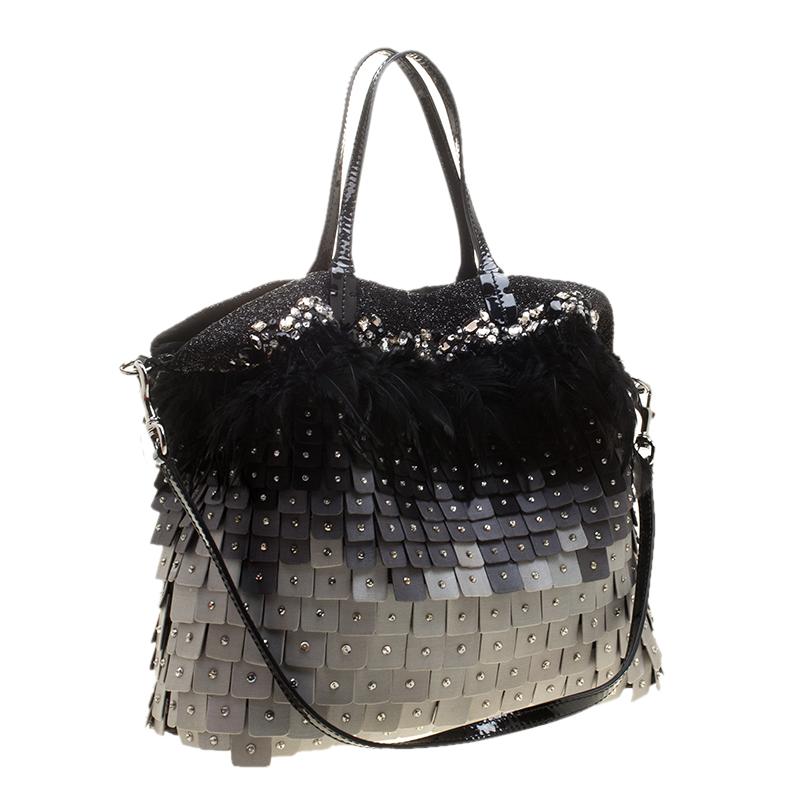 Black Valentino Tri Color Fabric Crystal Embellished and Feather Tote