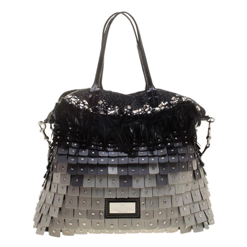 Women's Valentino Tri Color Fabric Crystal Embellished and Feather Tote