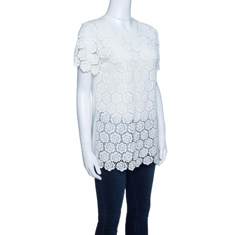 Valentino T-Shirt Couture Off White Beaded Floral Lace Top M For Sale ...