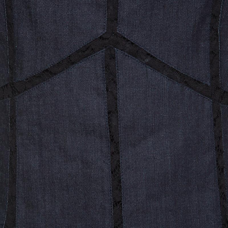 Miu Miu Indigo Dark Wash Denim Contrast Lace Insert Sleeveless Dress M In Excellent Condition In Dubai, Al Qouz 2