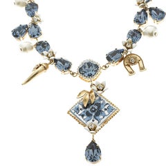 Dolce and Gabbana Blue Crystal Tile Flower Gold Tone Necklace