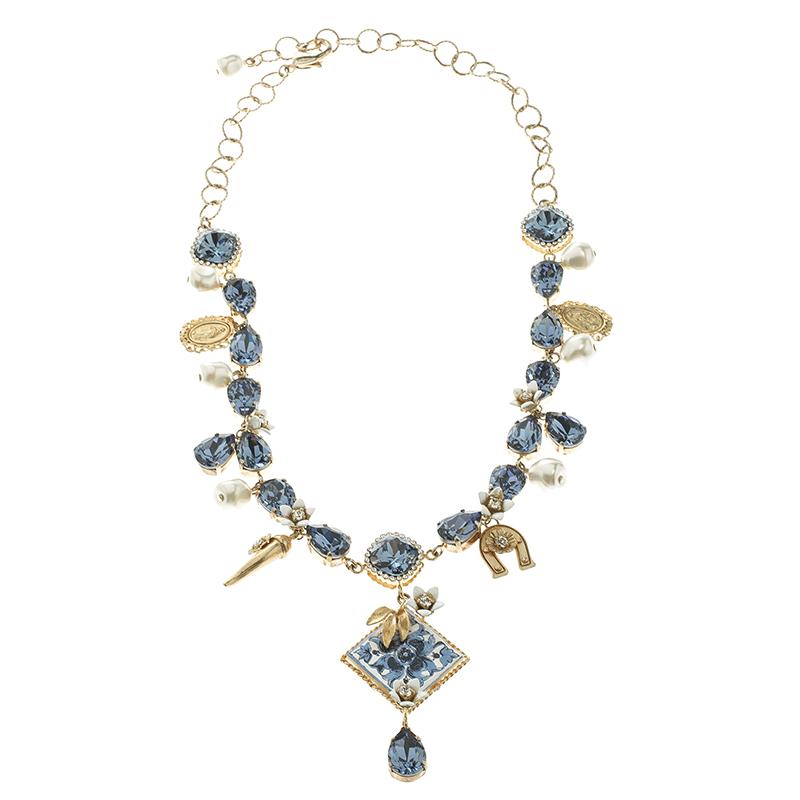 Dolce and Gabbana Blue Crystal Tile Flower Gold Tone Necklace