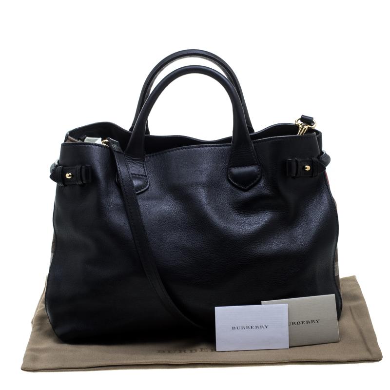 Burberry Black Leather and House Check Fabric Medium Banner Tote 3