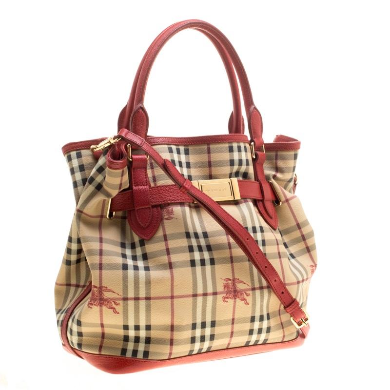 Burberry Beige/Red Haymarket Check PVC and Leather Medium Golderton Tote 3