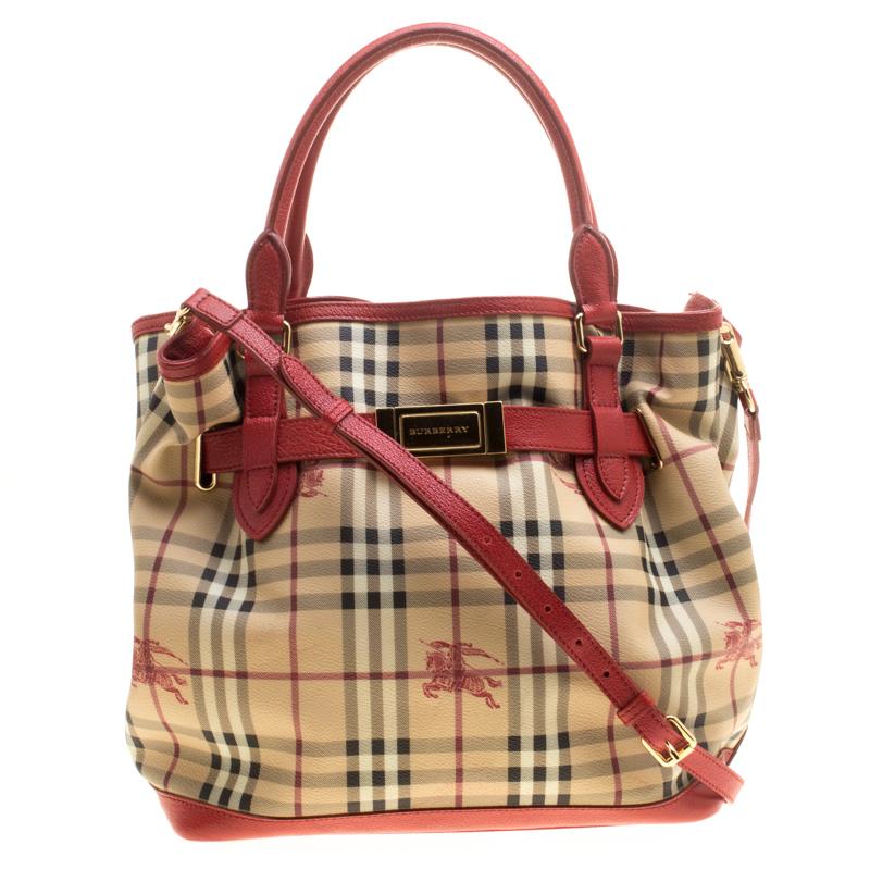 Burberry Beige/Red Haymarket Check PVC and Leather Medium Golderton Tote