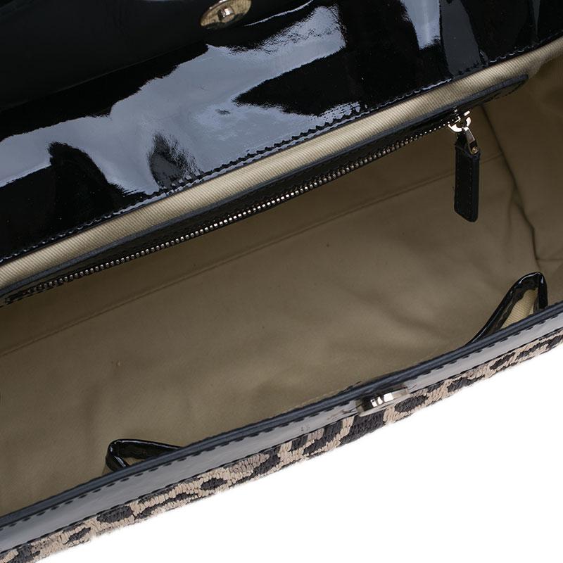 Women's Valentino Black Leopard Print Raffia Patent Leather Aphrodite Bow Top Handle Bag