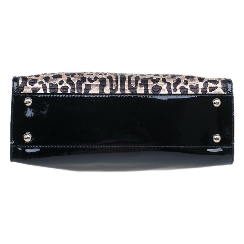 Valentino Black Leopard Print Raffia Patent Leather Aphrodite Bow Top Handle Bag 10