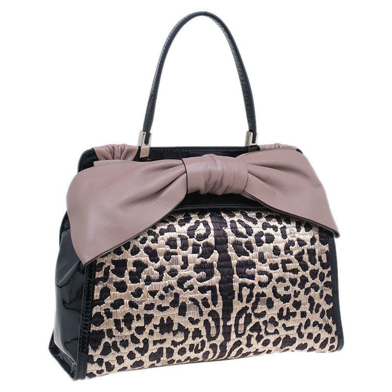 Valentino Black Leopard Print Raffia Patent Leather Aphrodite Bow Top Handle Bag 1