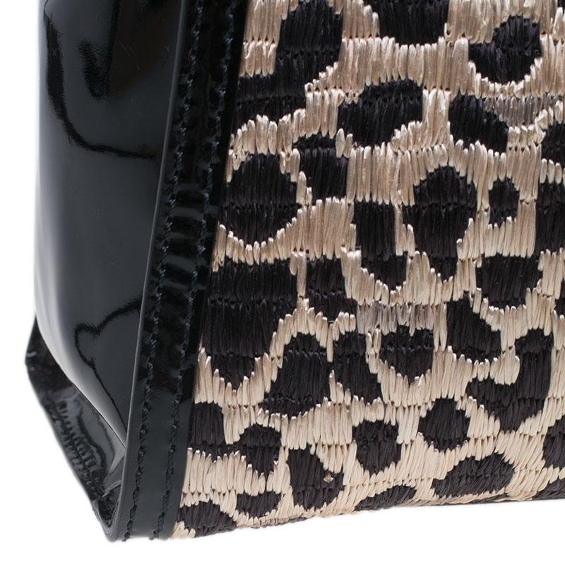 Valentino Black Leopard Print Raffia Patent Leather Aphrodite Bow Top Handle Bag 3
