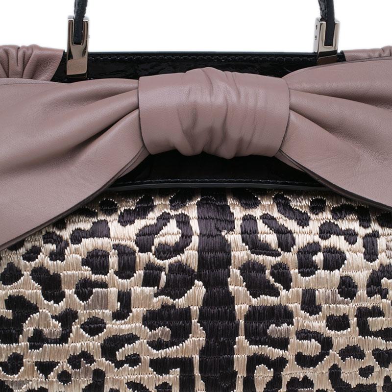 Valentino Black Leopard Print Raffia Patent Leather Aphrodite Bow Top Handle Bag 4
