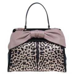 Valentino Black Leopard Print Raffia Patent Leather Aphrodite Bow Top Handle Bag