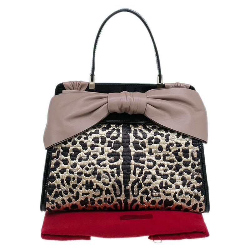 Valentino Black Leopard Print Raffia Patent Leather Aphrodite Bow Top Handle Bag 6