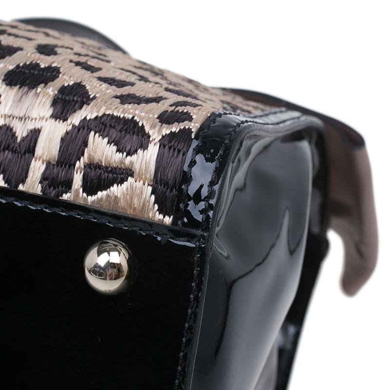 Valentino Black Leopard Print Raffia Patent Leather Aphrodite Bow Top Handle Bag 7
