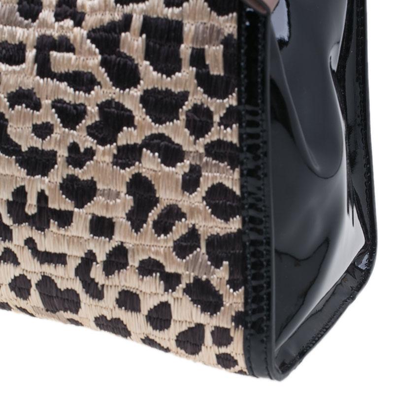 Valentino Black Leopard Print Raffia Patent Leather Aphrodite Bow Top Handle Bag 11