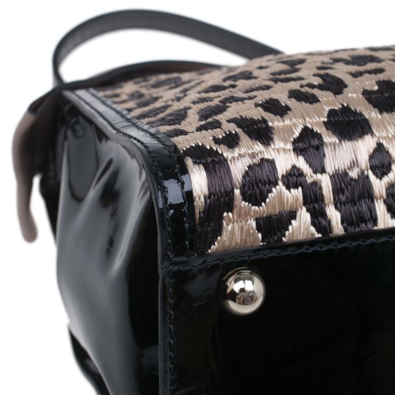 Valentino Black Leopard Print Raffia Patent Leather Aphrodite Bow Top Handle Bag 12
