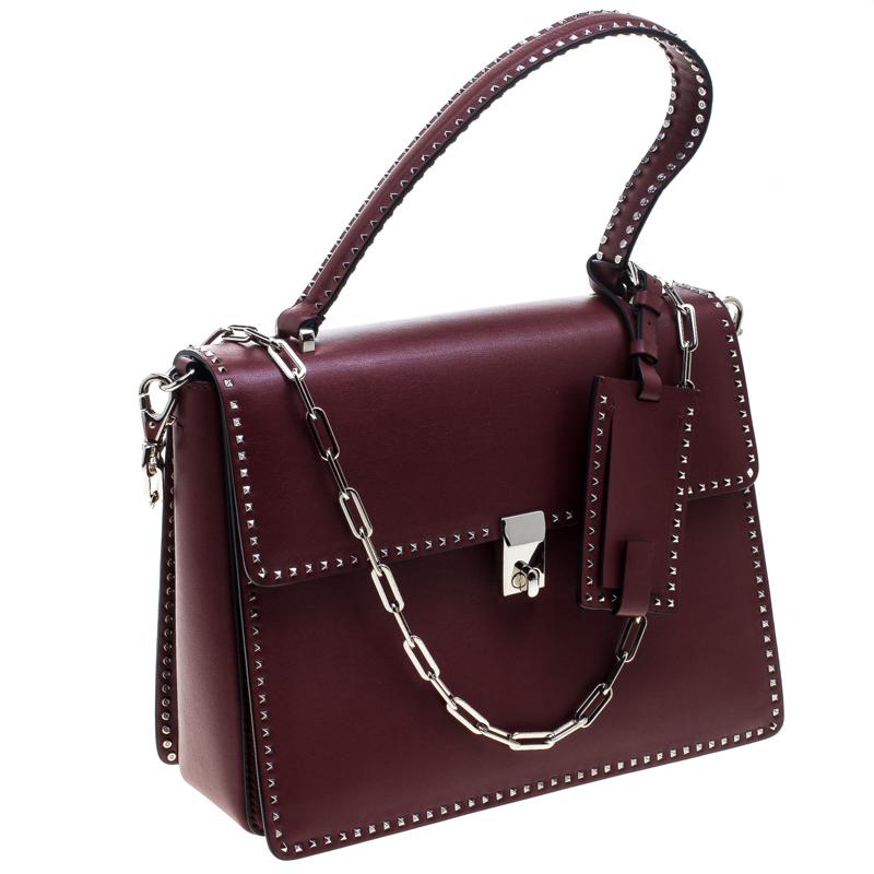 Valentino Burgundy Leather Studded Micro Rockstud Top handle Bag 4