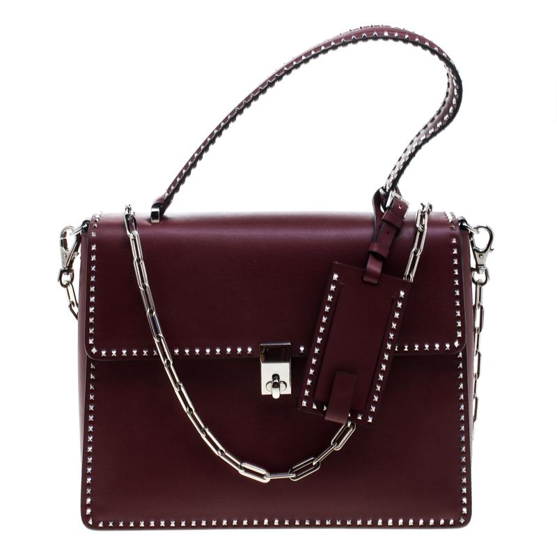 Valentino Burgundy Leather Studded Micro Rockstud Top handle Bag