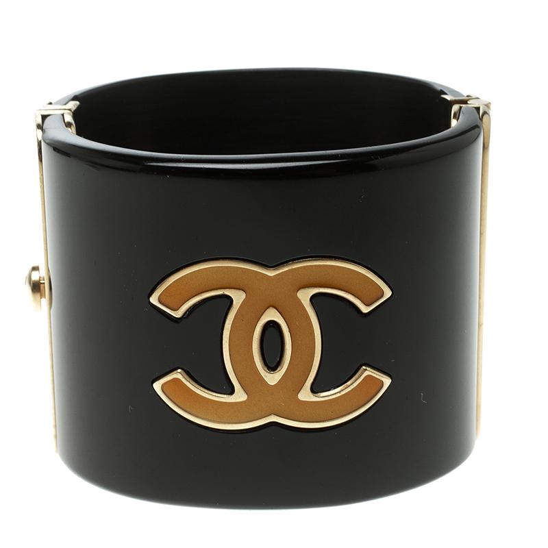 Chanel CC Black Resin Yellow Enamel Gold Tone Wide Cuff Bracelet 17cm