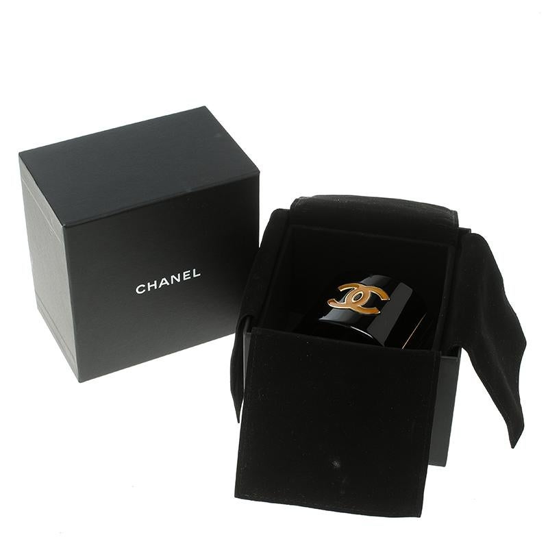 Women's Chanel CC Black Resin Yellow Enamel Gold Tone Wide Cuff Bracelet 17cm
