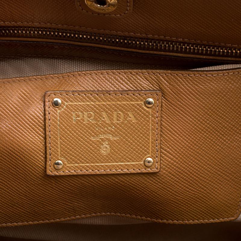 Prada Beige/Caramel Corda Canvas and Saffiano Lux Leather Tote 7