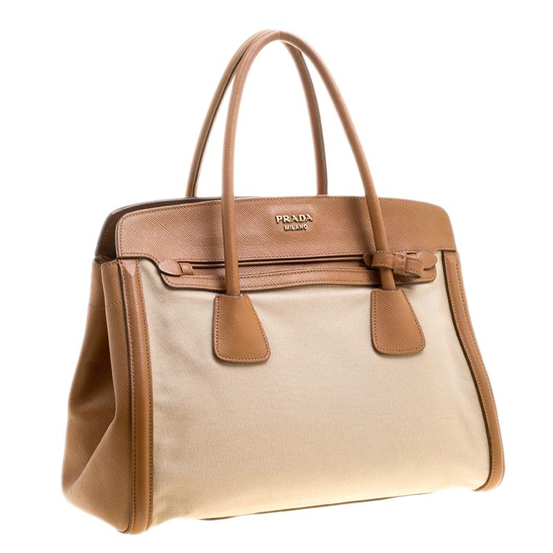 Prada Beige/Caramel Corda Canvas and Saffiano Lux Leather Tote 6