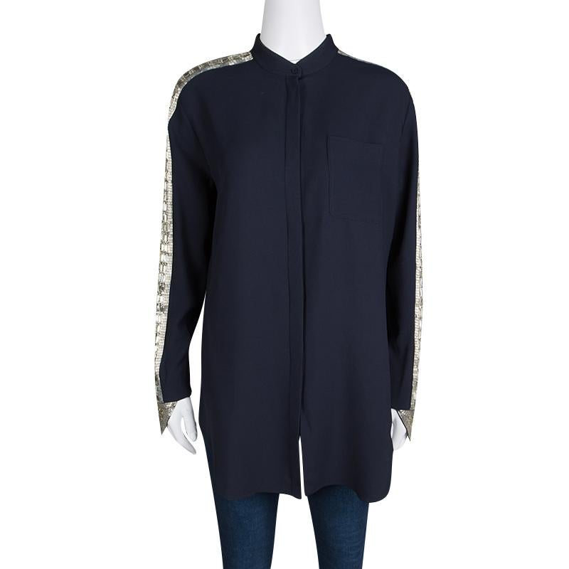 Black Chloe Navy Blue Arrow Embellished Sleeve Detail Blouse M