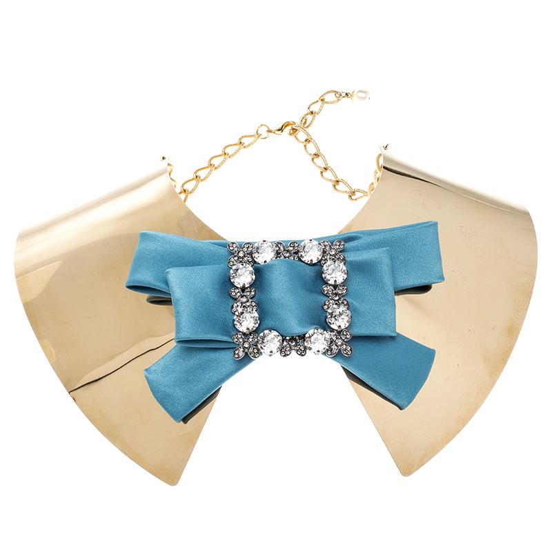 Dolce and Gabbana Blue Crystal Bow Gold Tone Collar Statement Necklace