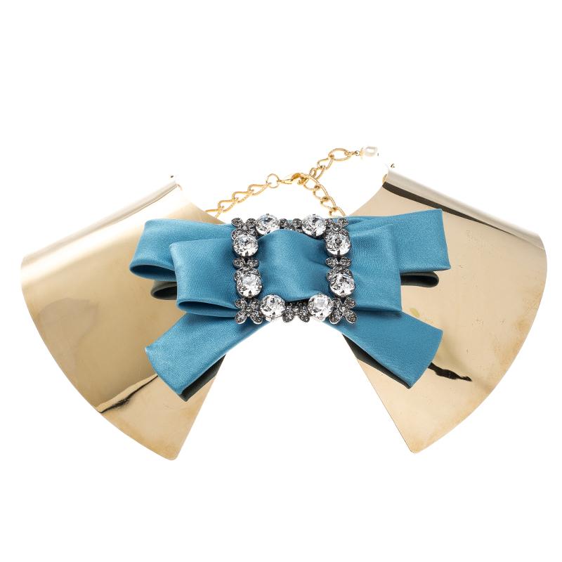 Dolce and Gabbana Blue Crystal Bow Gold Tone Collar Statement Necklace 1