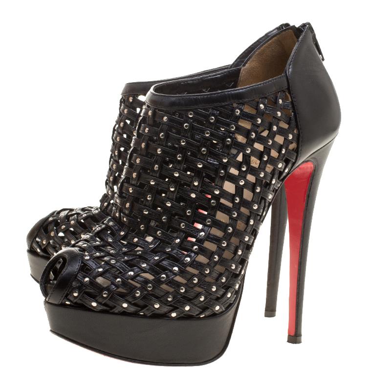 Women's Christian Louboutin Black Leather Kasha Caged Booties Size 36.5