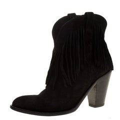 Saint Laurent Paris Black Suede Fringe New Western Boots Size 37