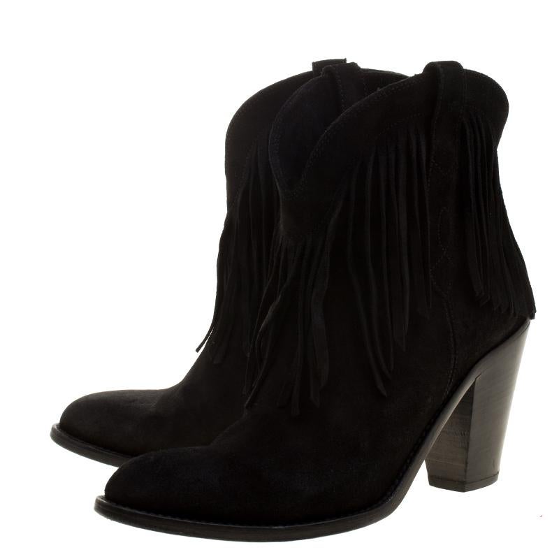 Saint Laurent Paris Black Suede Fringe New Western Boots Size 37 4