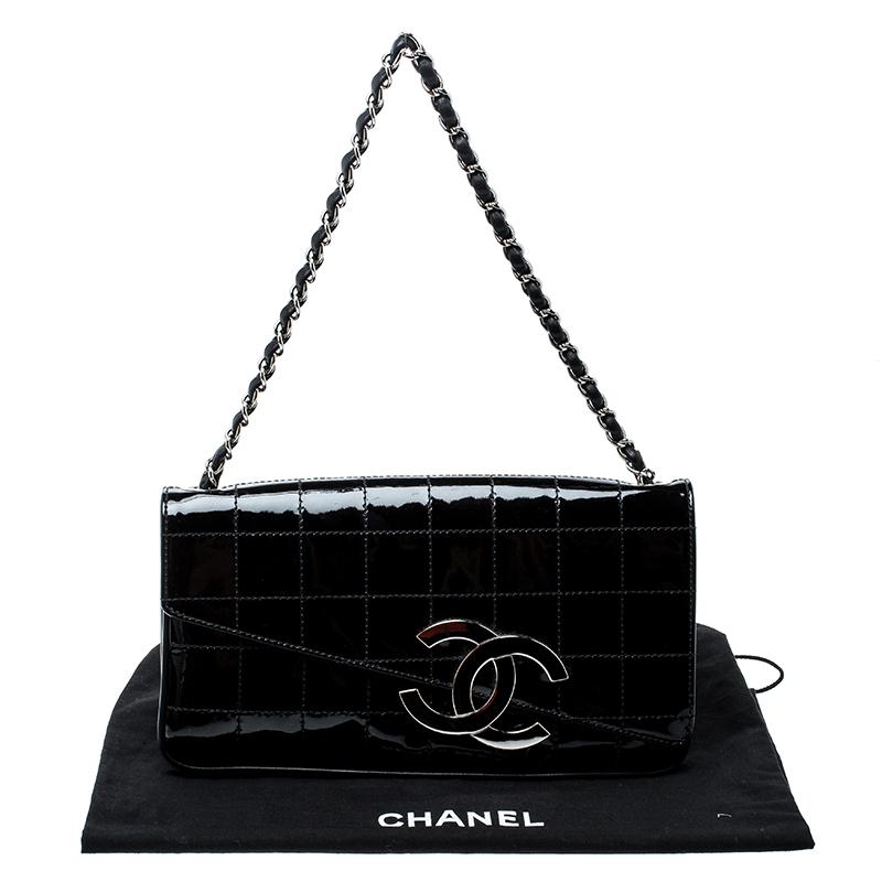 Chanel Black Chocolate Bar Patent Leather CC Logo Chain Clutch 5