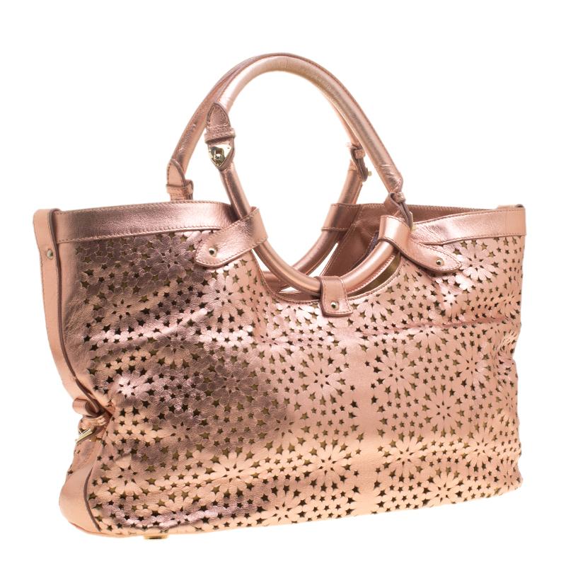 Women's Jimmy Choo Metallic Rose Gold Leather Laser Cut Out Open Tote