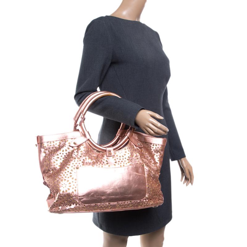 Brown Jimmy Choo Metallic Rose Gold Leather Laser Cut Out Open Tote