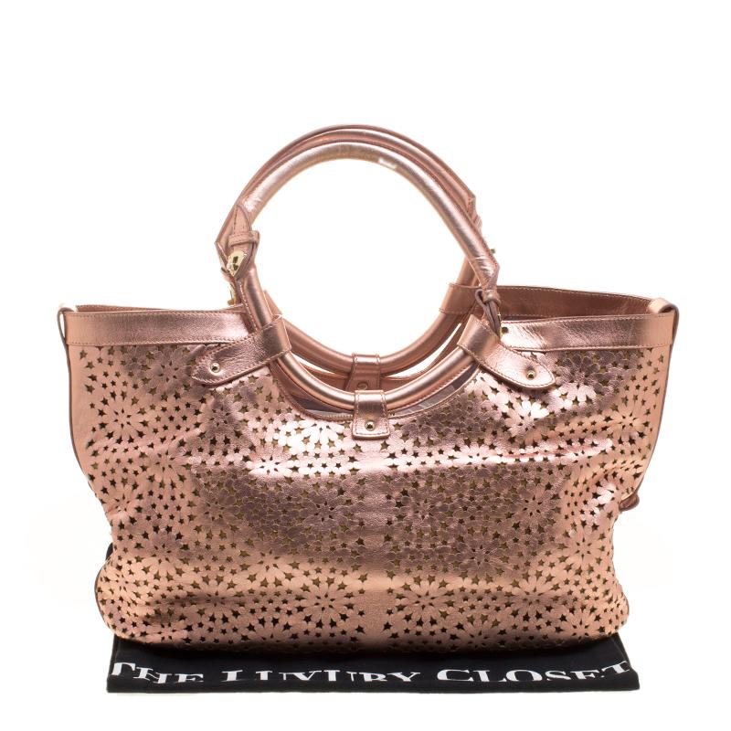 Jimmy Choo Metallic Rose Gold Leather Laser Cut Out Open Tote 1