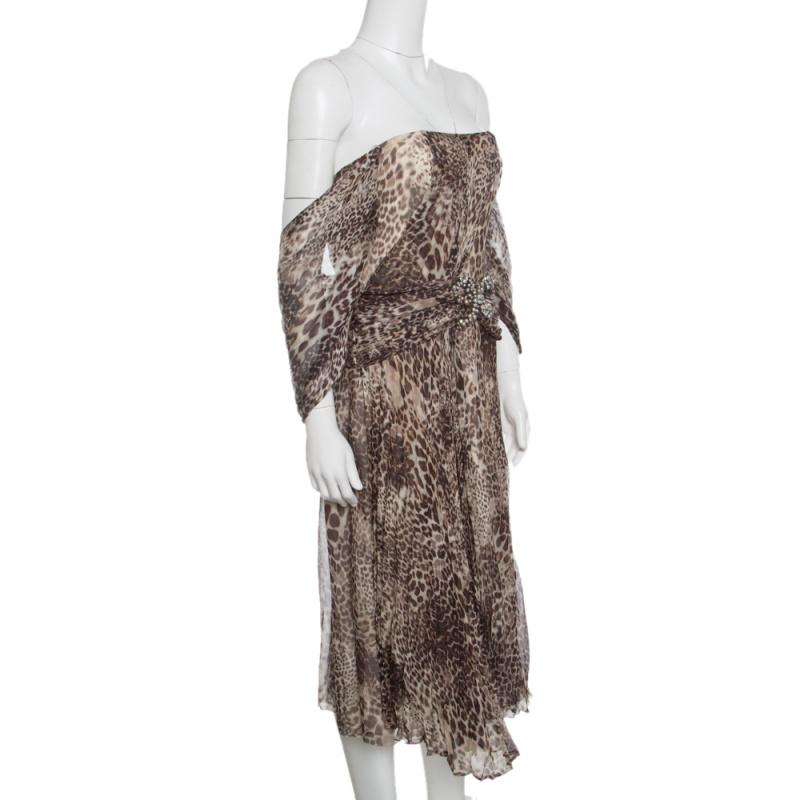Gray Blumarine Animal Printed Embellished Draped Silk Dress M