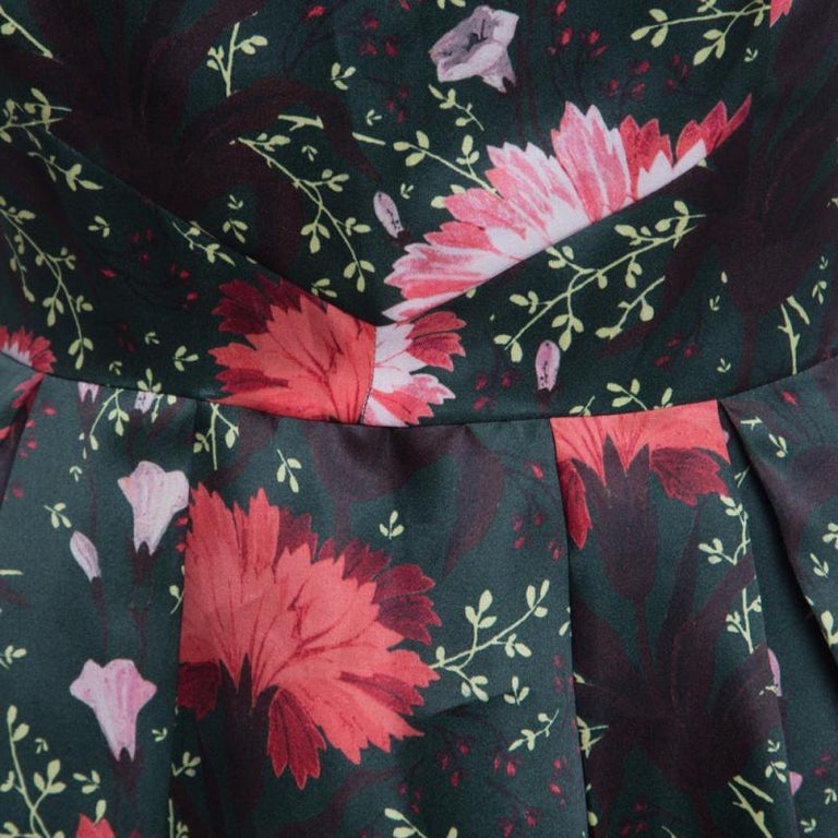 Erdem Green Floral Printed Silk Gazar Ruffled Bottom Alouette Gown M ...